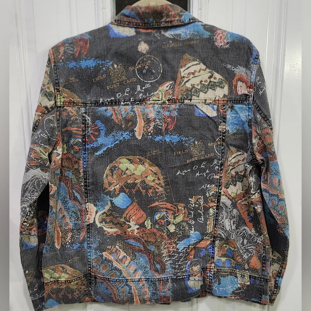 Chico's Black Linen Cotton Button Down Jacket Postcard Themed Print Women's 12